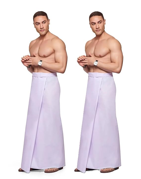 Nandu Brand Men's Cotton Plain White Stitched Lungi (Border Colour May Vary, Free Size) - 2 Pcs Pack # Ready to Wear # 2.10Mtr # Plain White Lungi #