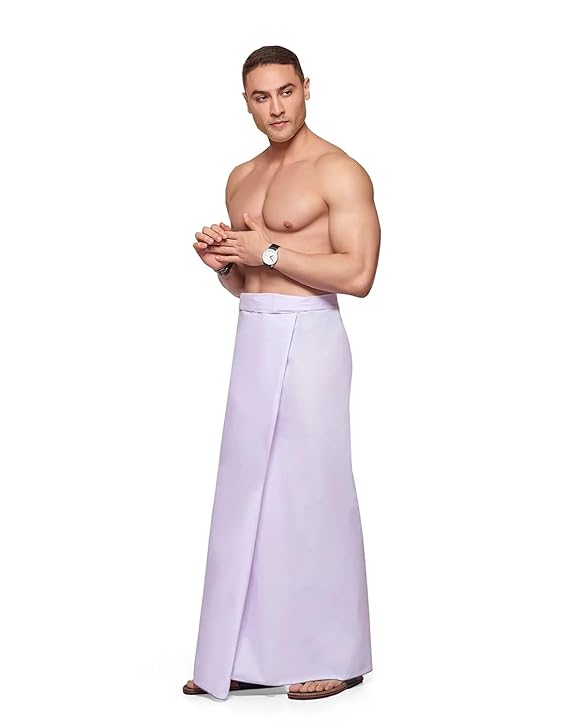 Nandu Brand Men's Cotton Plain White Stitched Lungi (Border Colour May Vary, Free Size) - Pack of 1# Ready to Wear # 2.10Mtr # Plain White Lungi #