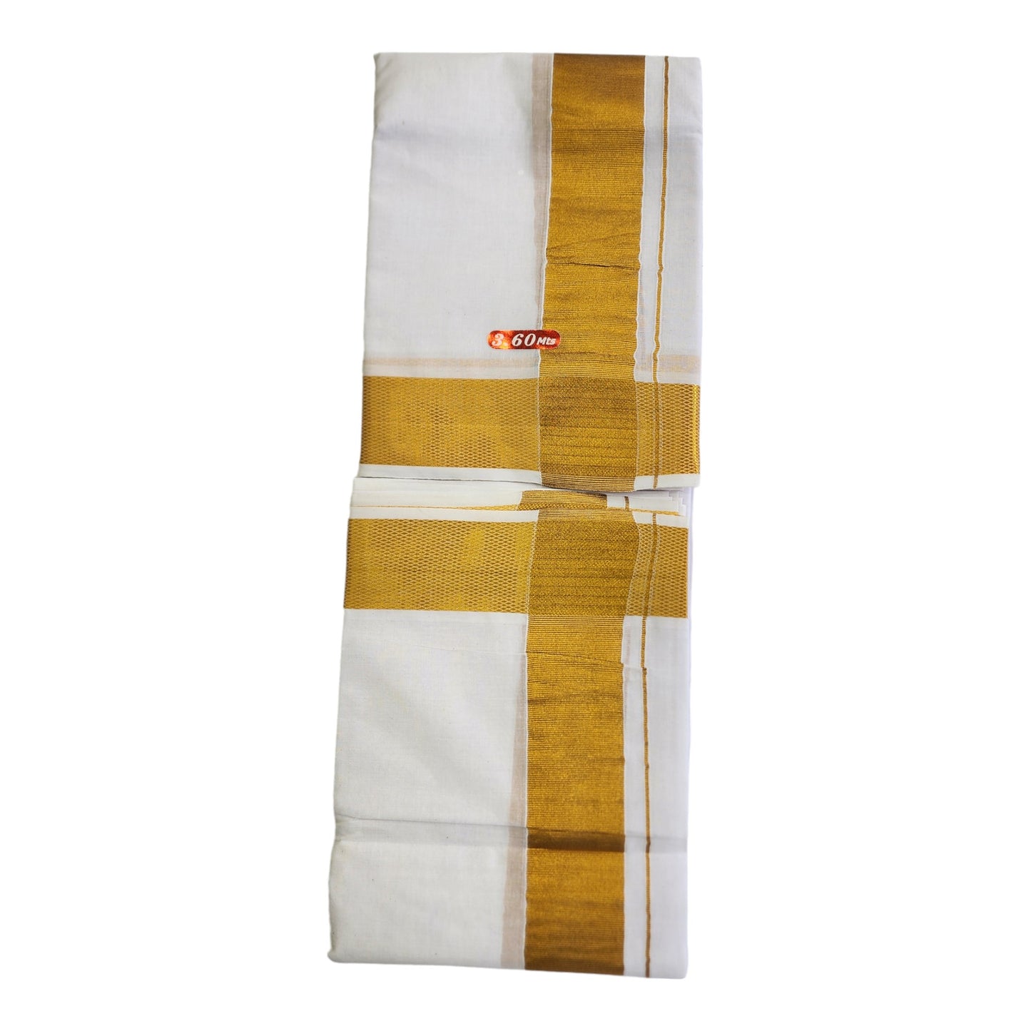Mens 100% Pure Cotton Bleached White Dhoti With Cotton Big Gold Zari Border(2 PCs Combo)