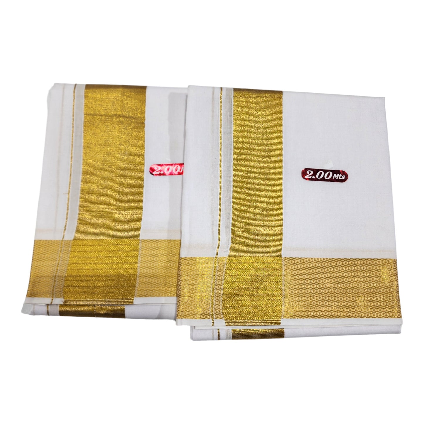 Mens 100% Pure Cotton Bleached White Dhoti With Cotton Big Gold Zari Border(2 PCs Combo)