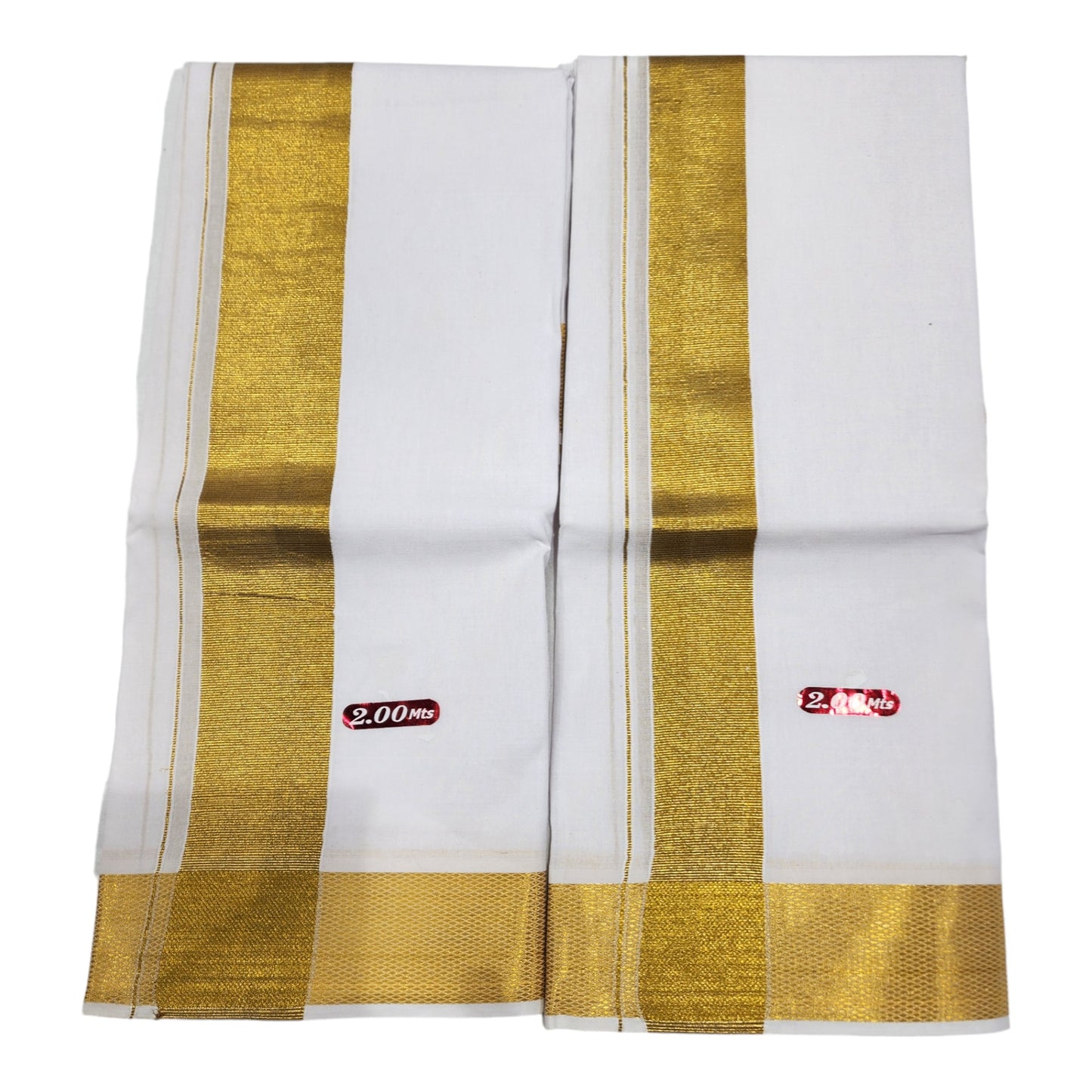 Mens 100% Pure Cotton Bleached White Dhoti With Cotton Big Gold Zari Border(2 PCs Combo)