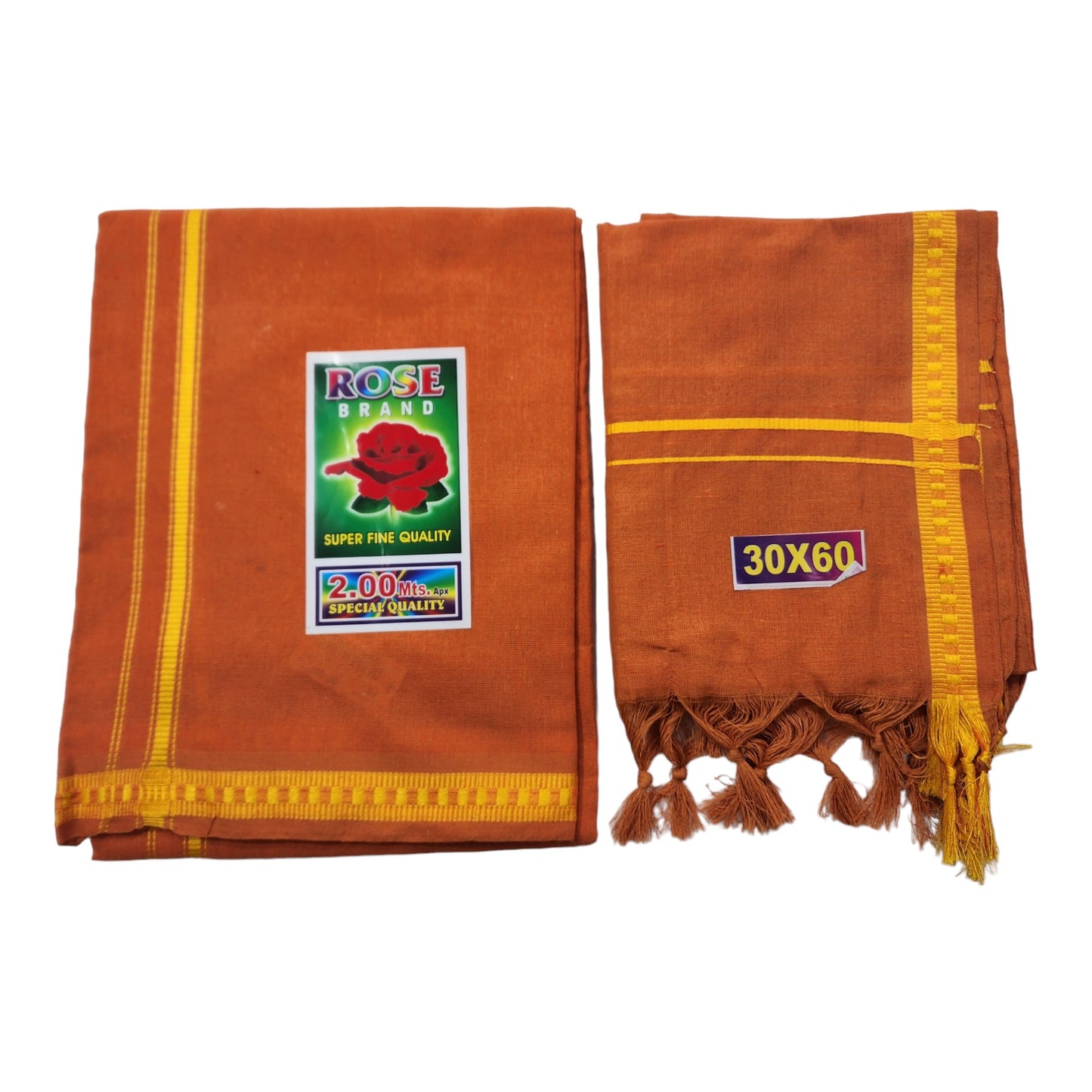 COTTON Mens Colour Single Pooja/Temple wear POLY Cotton dhoti Bentex Border and Angavastram Set (1.30X1.95 Meter Dhoti, 36X1.80 towel)