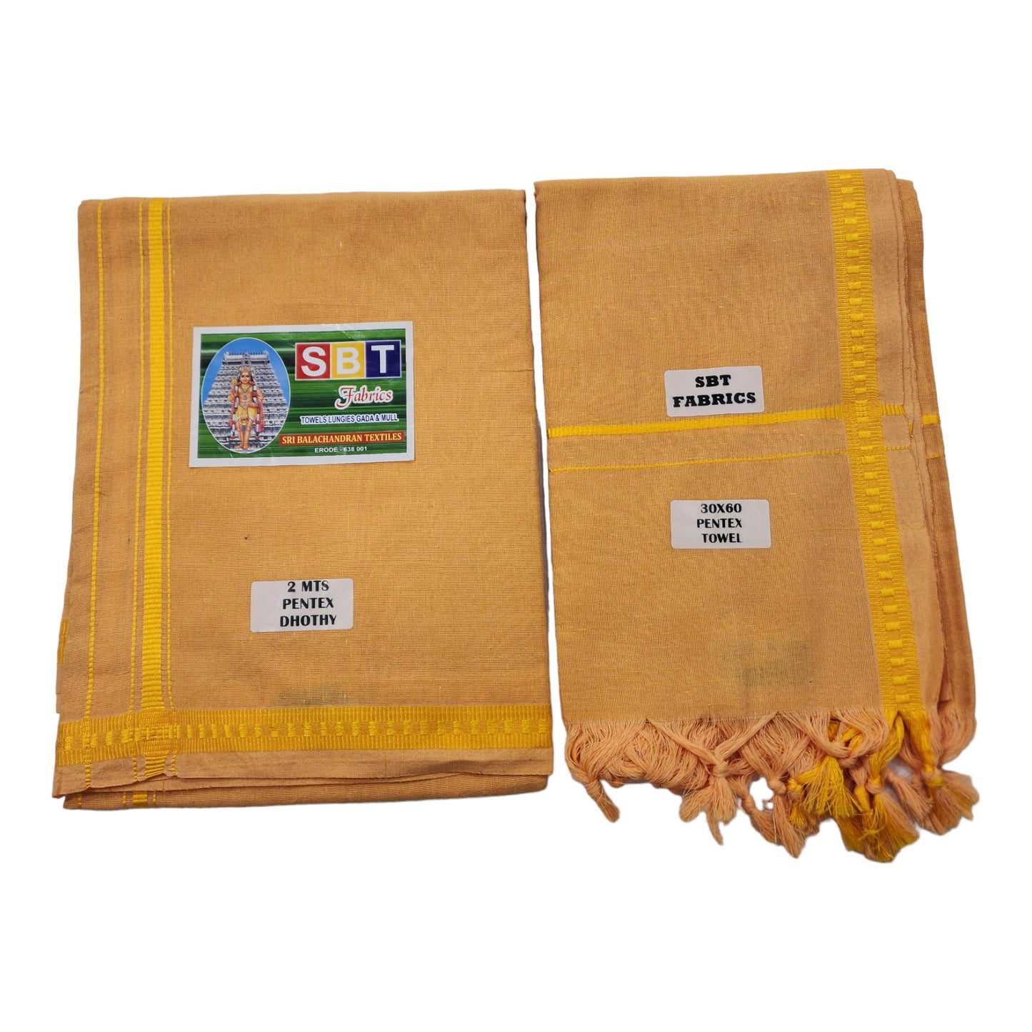 COTTON Mens Colour Single Pooja/Temple wear POLY Cotton dhoti Bentex Border and Angavastram Set (1.30X1.95 Meter Dhoti, 36X1.80 towel)