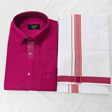 Combo of Shirt and Dhoti | Traditional Wedding Set for Men - Deep Magenta