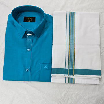 Combo of Shirt and Dhoti | Traditional Wedding Set for Men - teal blue