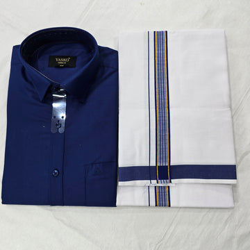 Combo of Shirt and Dhoti | Traditional Wedding Set for Men - Dark blue