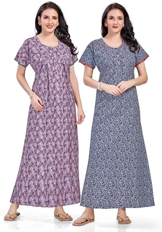 Women's Cotton Printed Nighty Night Gown Maxi | Nighty Dress with Pocket, Super Soft Comfortable | Rajasthani and Jaipuri Gown Maxi
