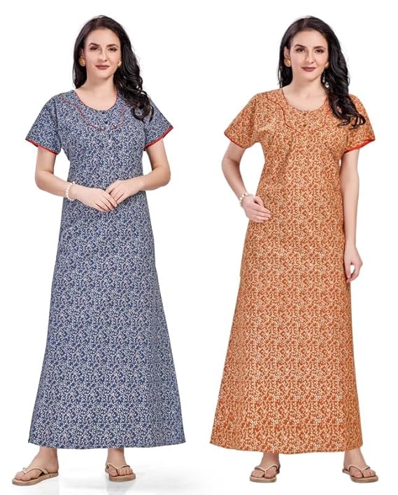 Women's Cotton Printed Nighty Night Gown Maxi | Nighty Dress with Pocket, Super Soft Comfortable | Rajasthani and Jaipuri Gown Maxi