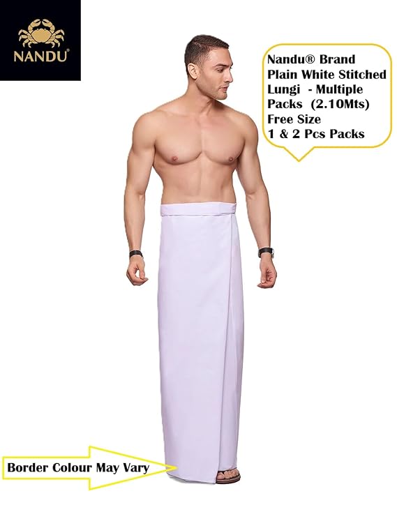 Nandu Brand Men's Cotton Plain White Stitched Lungi (Border Colour May Vary, Free Size) - Pack of 1# Ready to Wear # 2.10Mtr # Plain White Lungi #