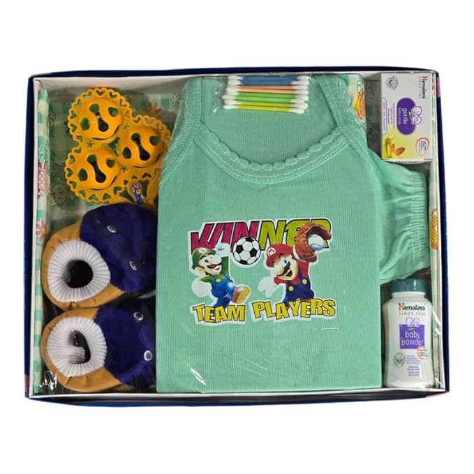 Newborn Gift Set - 6 Pcs Baby Gift Hamper Set for 0-6 Months, Baby Shoe, Toy, Ear Buds, Shop, Lotion, Skin-Friendly Baby Clothes, Chemical-Free Dyes