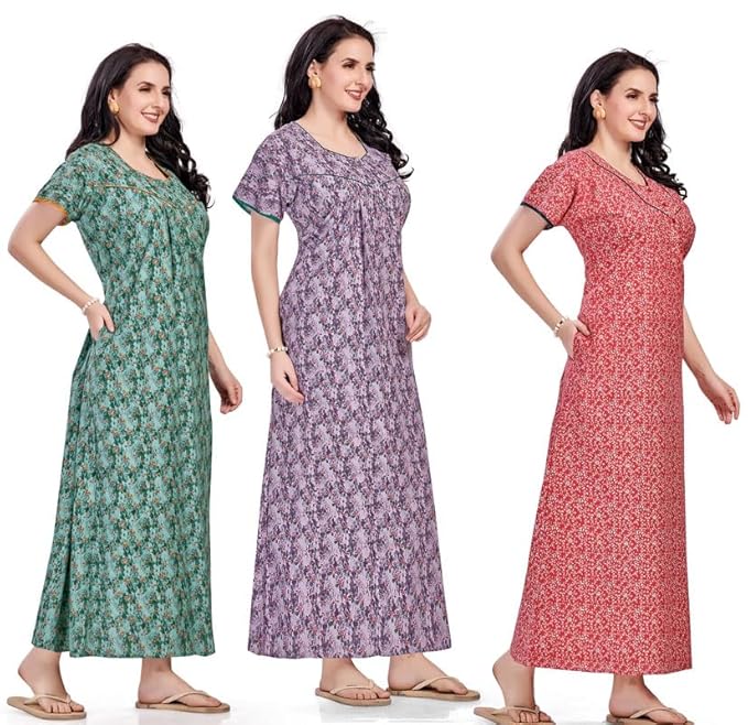 Women's Cotton Printed Nighty Night Gown Maxi | Nighty Dress with Pocket, Super Soft Comfortable | Rajasthani and Jaipuri Gown Maxi