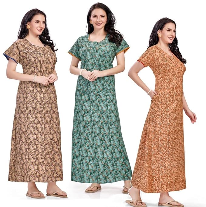 Women's Cotton Printed Nighty Night Gown Maxi | Nighty Dress with Pocket, Super Soft Comfortable | Rajasthani and Jaipuri Gown Maxi