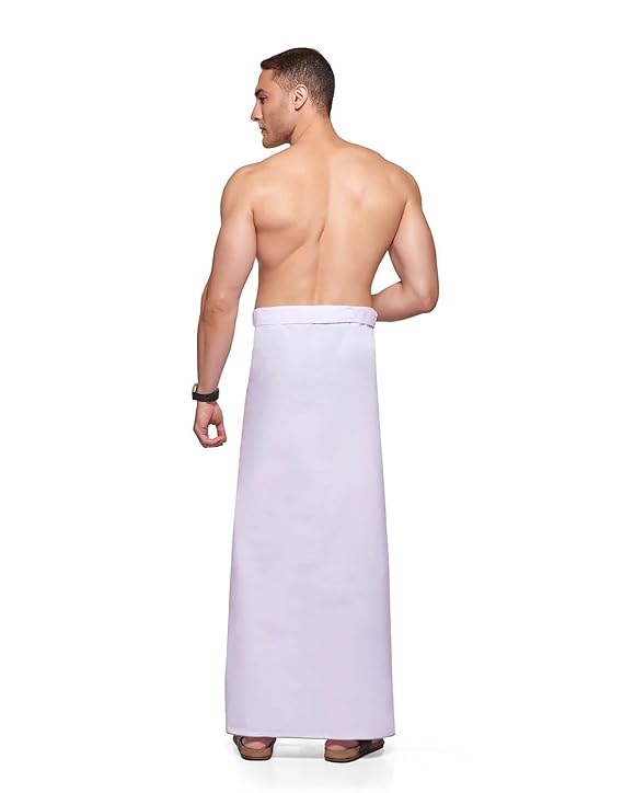 Nandu Brand Men's Cotton Plain White Stitched Lungi (Border Colour May Vary, Free Size) - Pack of 1# Ready to Wear # 2.10Mtr # Plain White Lungi #