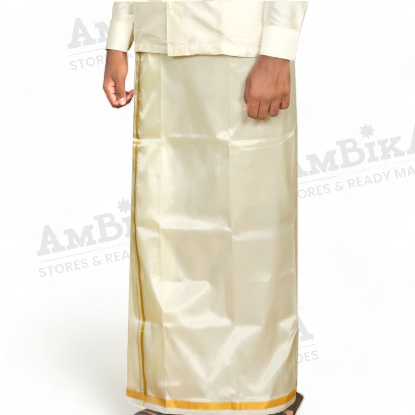 Mens Art Silk type Jari Dhoti/Double dhoti 1.28 x 3.50 Meter / 8 Mulam vesti (CREAM)
