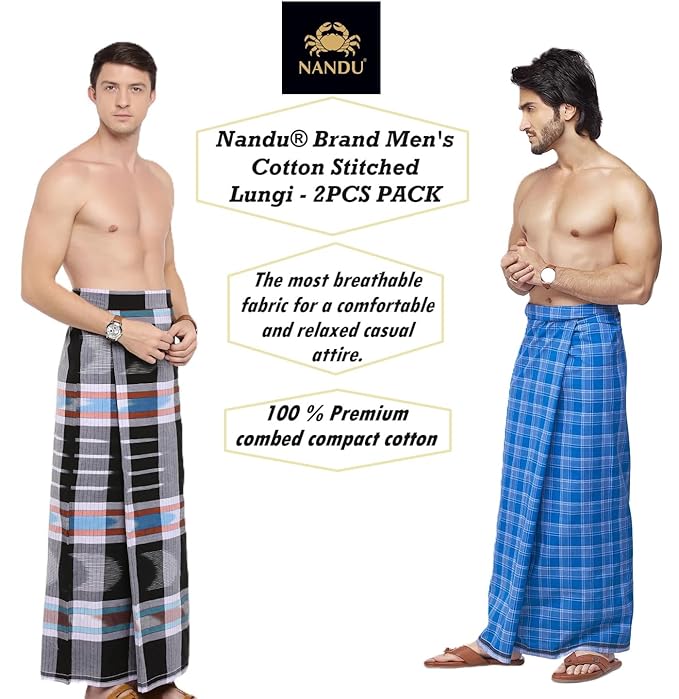 Nandu Brand Lungi - Pack of 2# Stitched Lungi Ready to wear # Design May Vary # Multicolour # Free Size # 2.10Mtr #