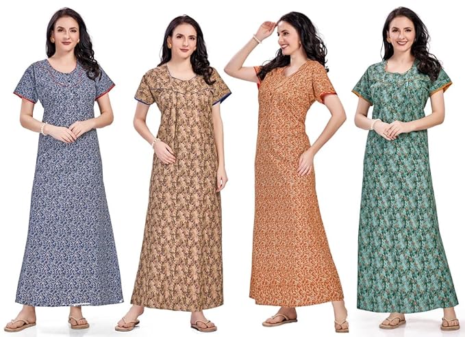 Women's Cotton Printed Nighty Night Gown Maxi | Nighty Dress with Pocket, Super Soft Comfortable | Rajasthani and Jaipuri Gown Maxi