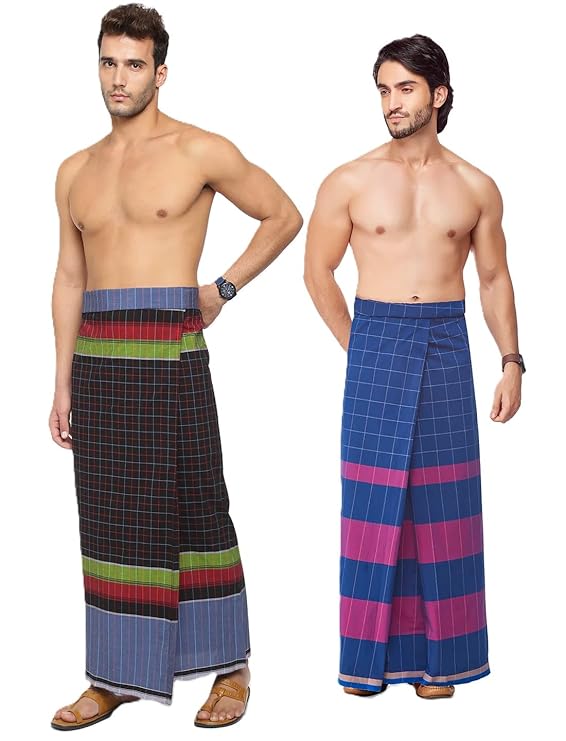 Nandu Brand Lungi - Pack of 2# Stitched Lungi Ready to wear # Design May Vary # Multicolour # Free Size # 2.10Mtr #