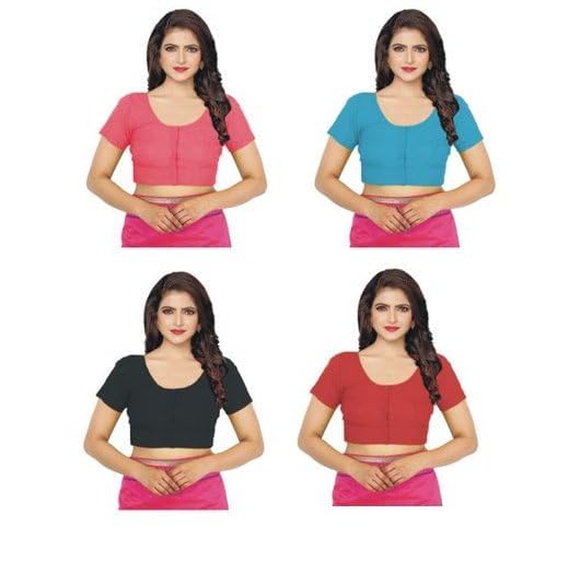 Women's Round Neck Cotton Stretchable Short Sleeves Readymade Saree Blouse | Regular Wear Plain Blouse for Women Stylish