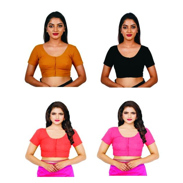 Women's Round Neck Cotton Stretchable Short Sleeves Readymade Saree Blouse | Regular Wear Plain Blouse for Women Stylish