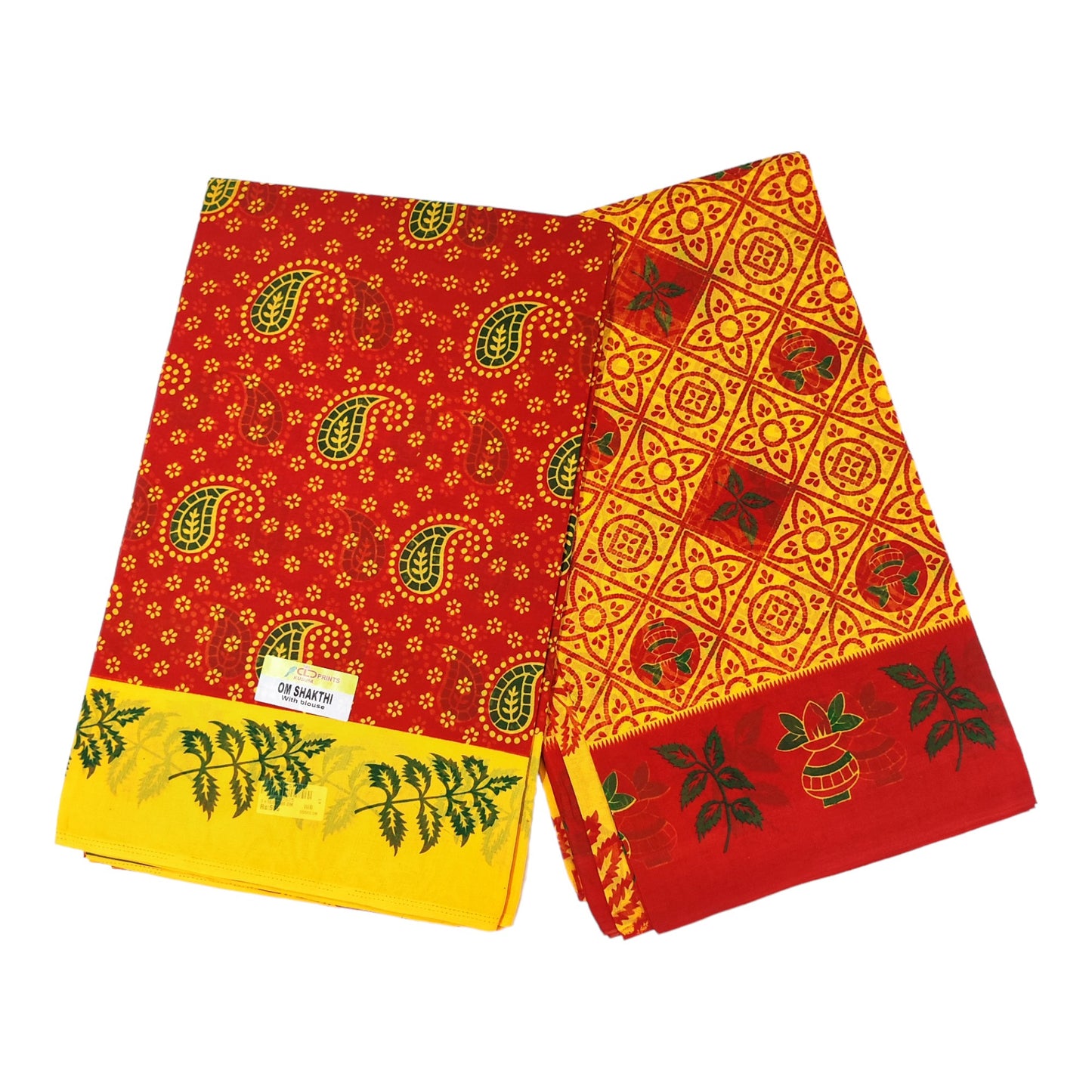 Women's Poly Cotton Printed Mazhai Vaanam Om Skathi Saree, Amman Swamy Women Saree with Unstitched Blouse Piece (YELLOW & RED) (2pcs )