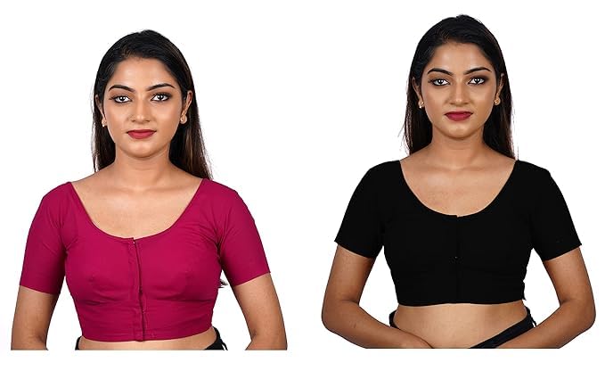 Women's Round Neck Cotton Stretchable Short Sleeves Readymade Saree Blouse | Regular Wear Plain Blouse for Women Stylish