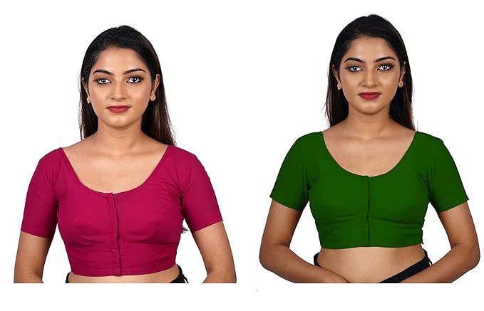 Women's Round Neck Cotton Stretchable Short Sleeves Readymade Saree Blouse | Regular Wear Plain Blouse for Women Stylish