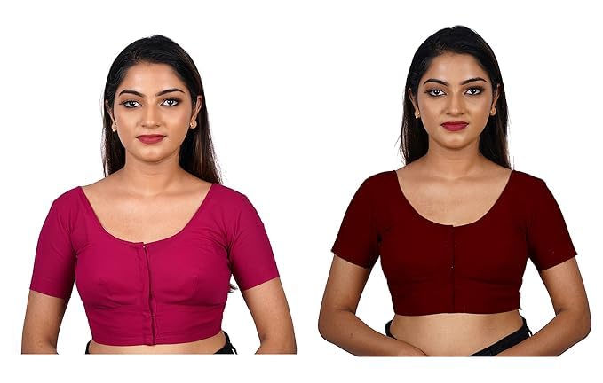 Women's Round Neck Cotton Stretchable Short Sleeves Readymade Saree Blouse | Regular Wear Plain Blouse for Women Stylish
