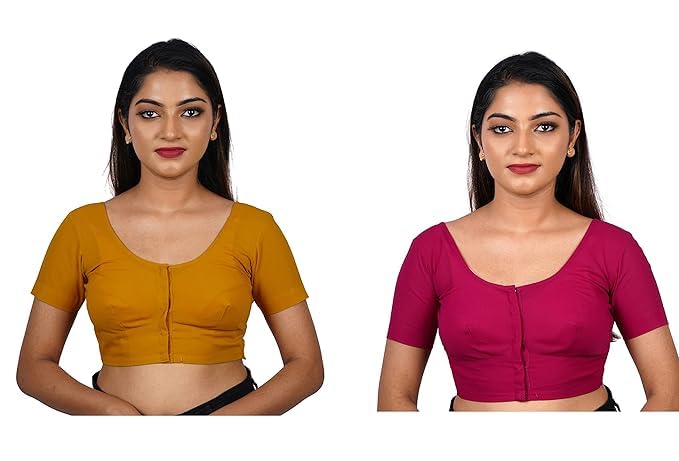 Women's Round Neck Cotton Stretchable Short Sleeves Readymade Saree Blouse | Regular Wear Plain Blouse for Women Stylish