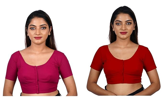 Women's Round Neck Cotton Stretchable Short Sleeves Readymade Saree Blouse | Regular Wear Plain Blouse for Women Stylish