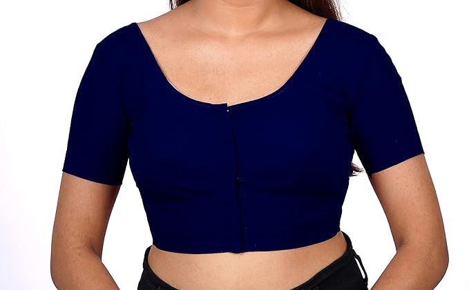 Women's Round Neck Cotton Stretchable Short Sleeves Readymade Saree Blouse | Regular Wear Plain Blouse for Women Stylish