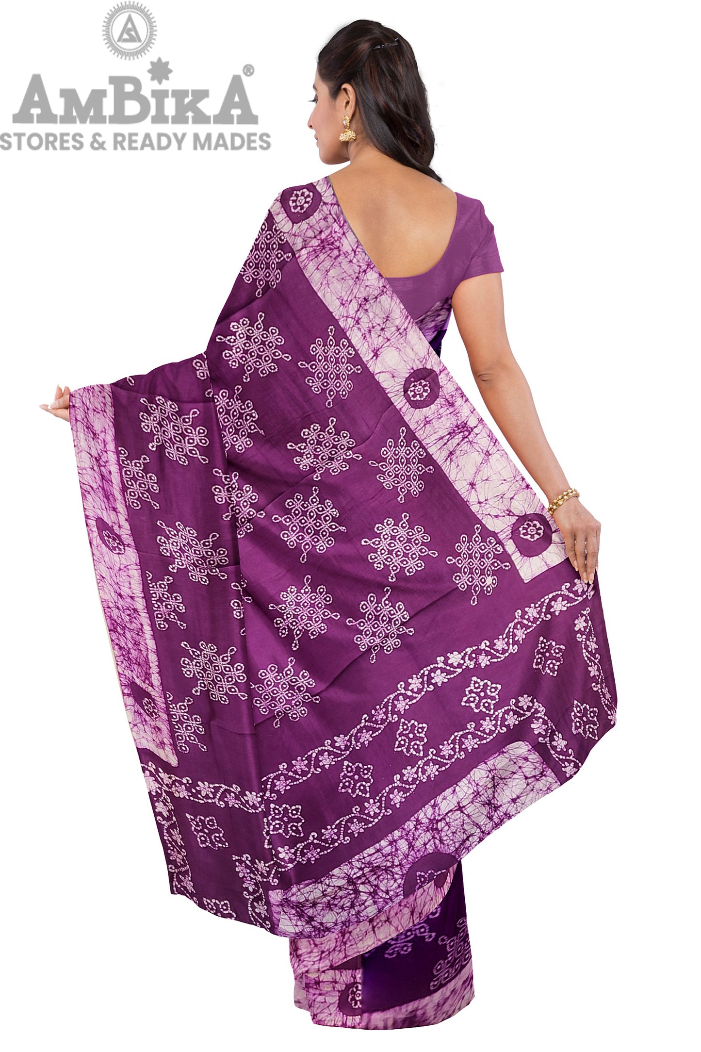Women's Madurai Sungudi cotton saree -Hand Weaving and Wax Printed Unique Design without blouse Violet