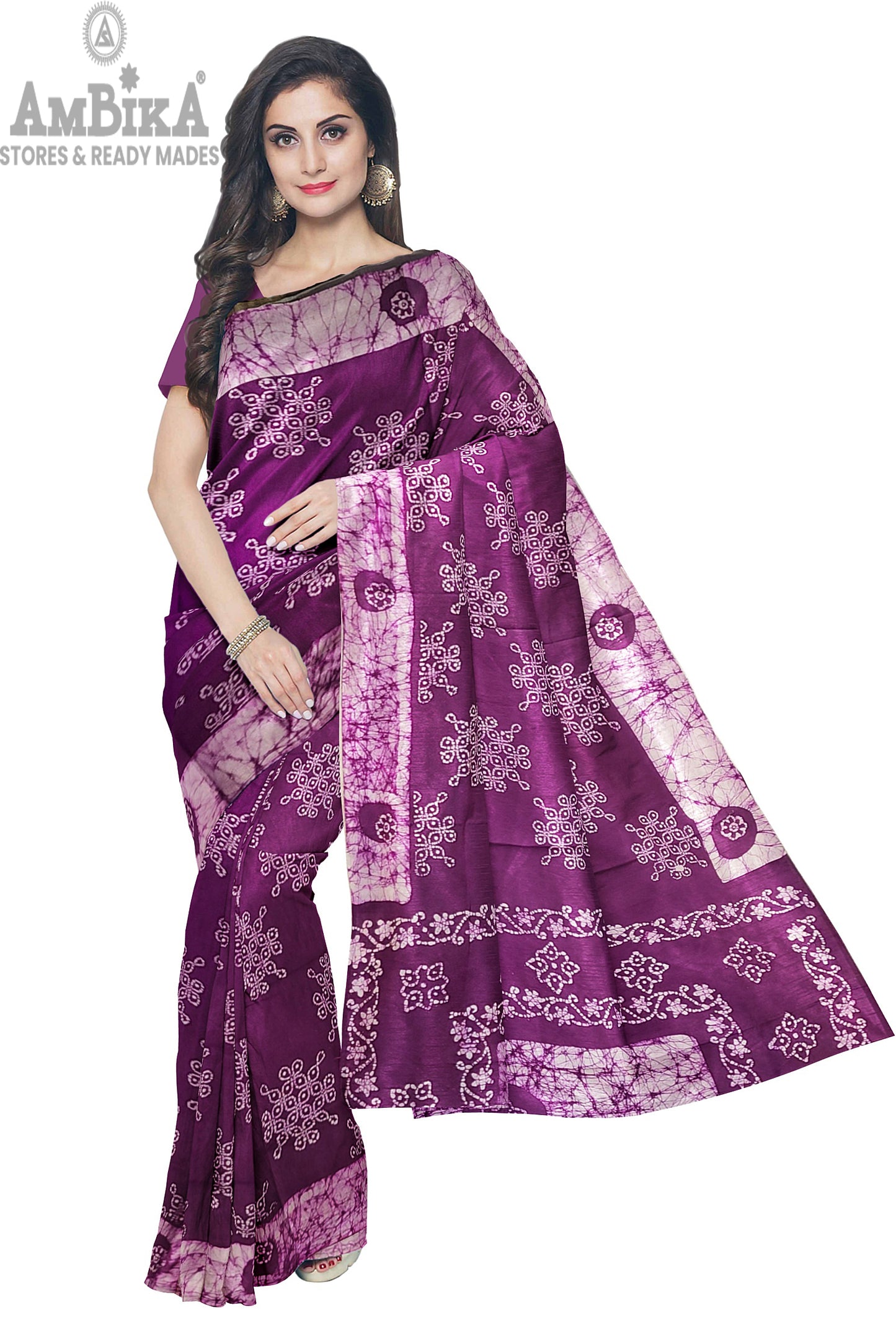 Women's Madurai Sungudi cotton saree -Hand Weaving and Wax Printed Unique Design without blouse Violet