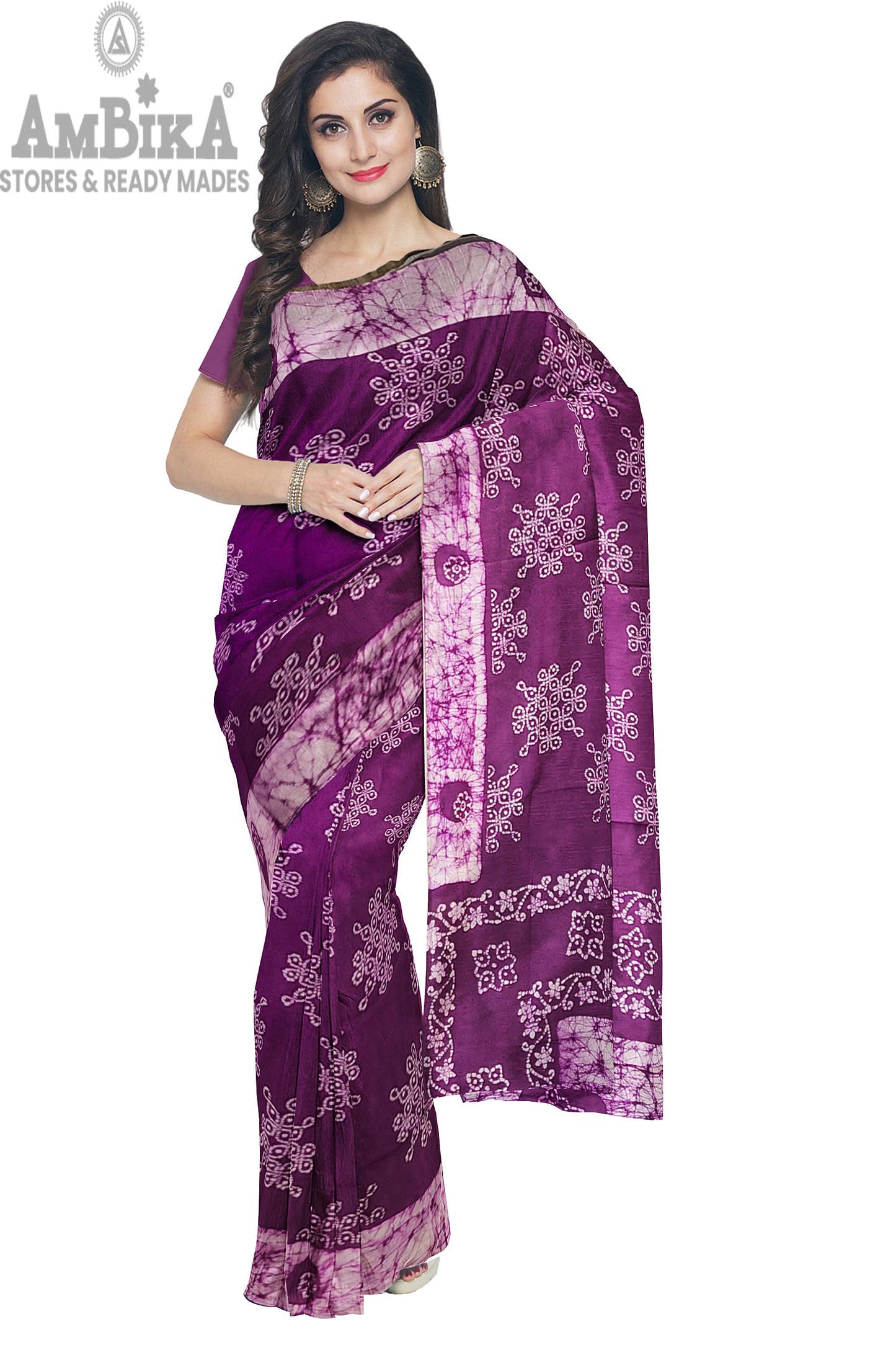 Women's Madurai Sungudi cotton saree -Hand Weaving and Wax Printed Unique Design without blouse Violet