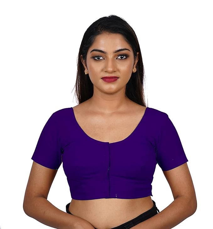 Women's Round Neck Cotton Stretchable Short Sleeves Readymade Saree Blouse | Regular Wear Plain Blouse for Women Stylish