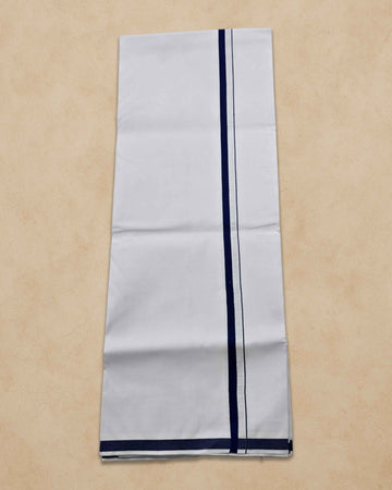 Pure Cotton White Dhoti With Colour Big Border For Men's | Dhoti For Pooja, Weddings And Other Festive Occasions - Navy blue