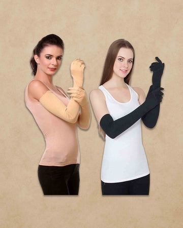 Women's Cotton Arm Sleeves – UV Protection Full Hand Gloves for Pollution and Sun | Perfect for Biking, Driving, Dust, Summer & Outdoor Use - Black & white