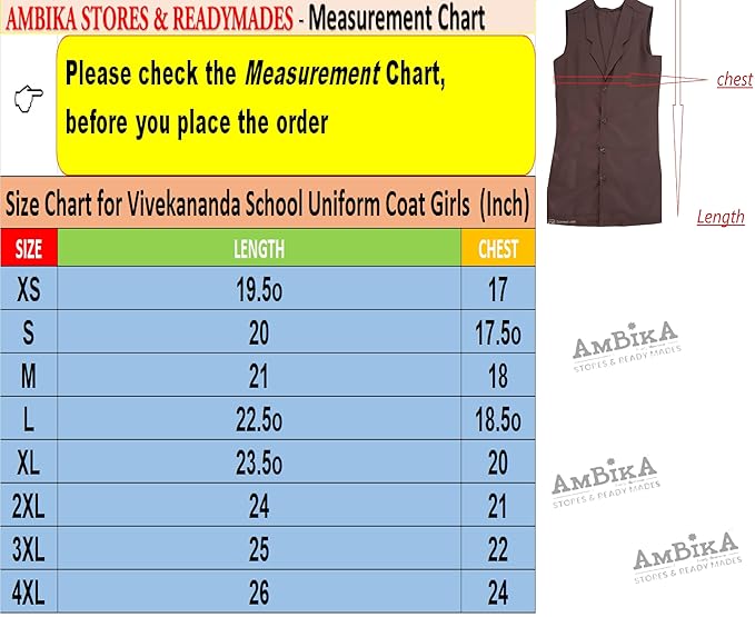 Vivekananda School Uniform - OverCoat For Girls | Solid Uniform Waistcoat for Girls | Coat for Students | Refer to The Size Chart in The Product Image Before Ordering