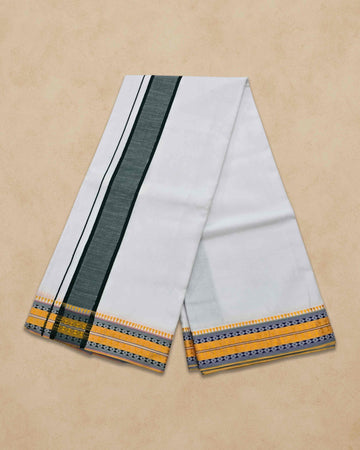 Dhoties Men's Traditional Pure Cotton Bleached White Dhoti With Cotton Color Border Size 9X5 - Dark green
