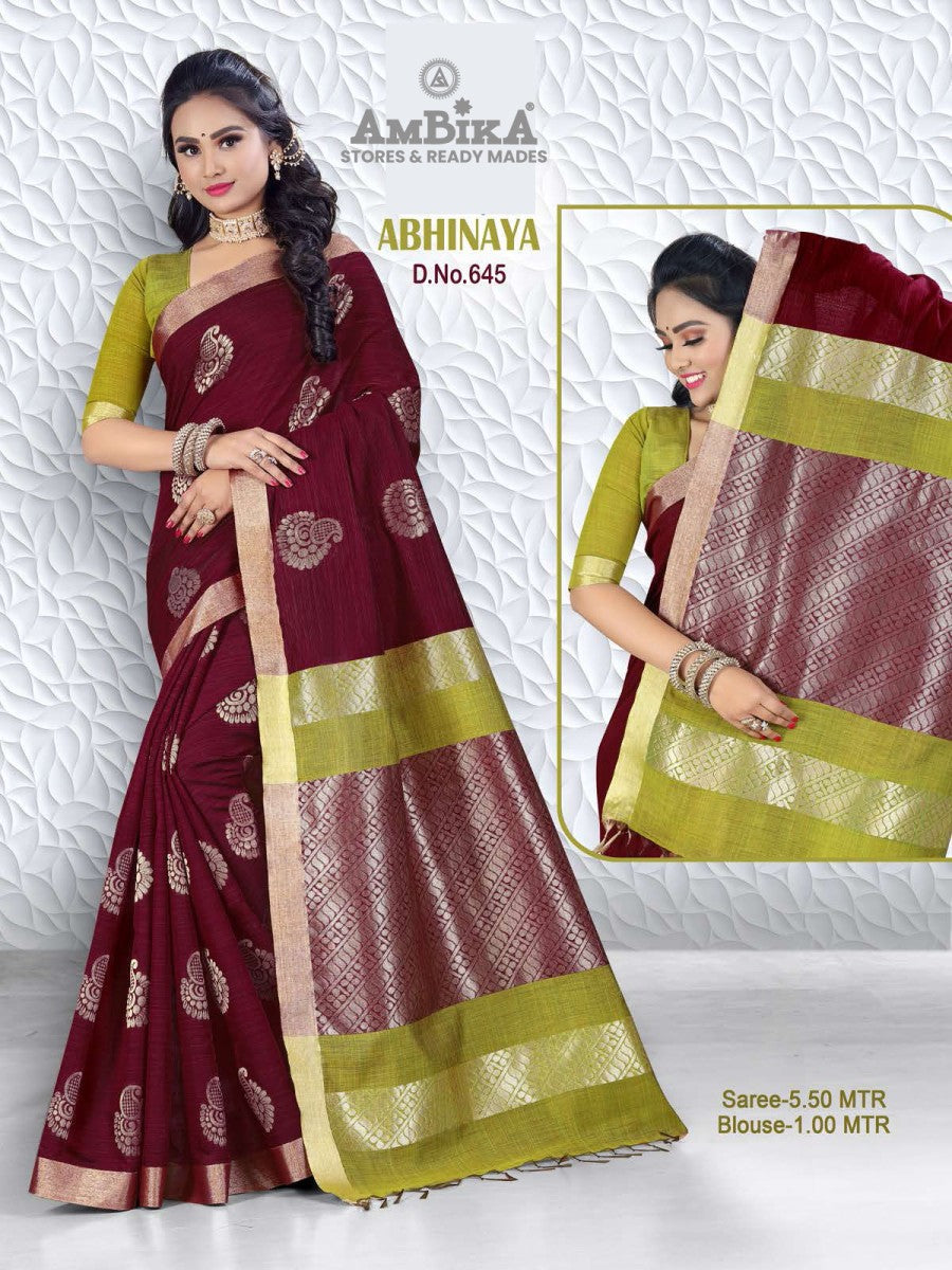 ABHINAYA SILK COTTON Saree with Zari Butta with Blouse Piece for Womens