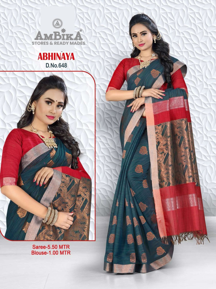 ABHINAYA SILK COTTON Saree with Zari Butta with Blouse Piece for Womens