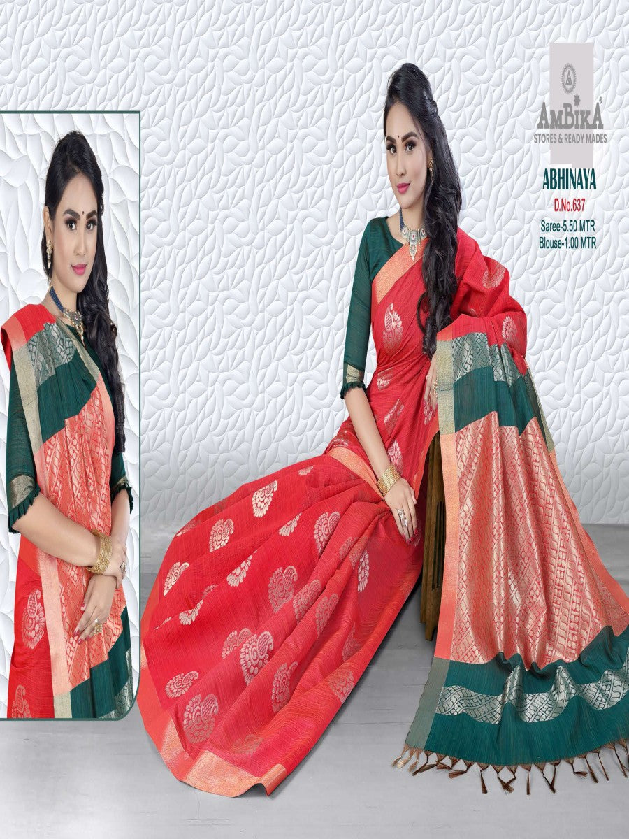 ABHINAYA SILK COTTON Saree with Zari Butta with Blouse Piece for Womens