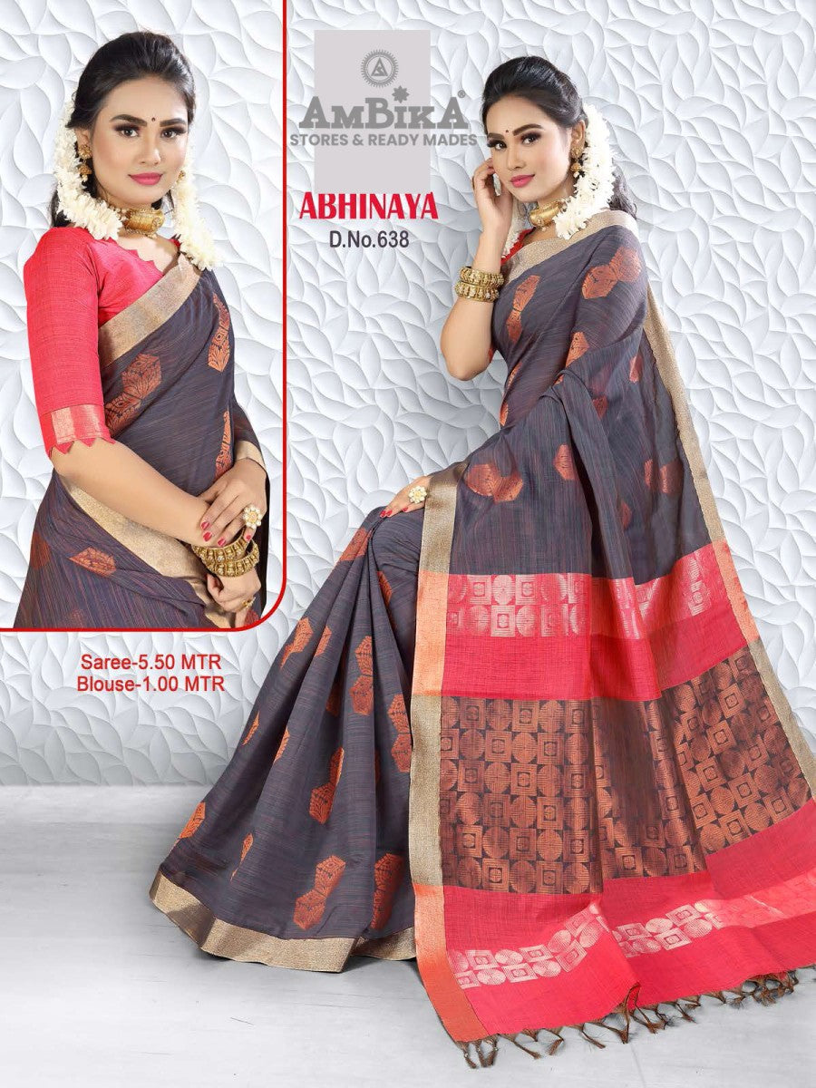 ABHINAYA SILK COTTON Saree with Zari Butta with Blouse Piece for Womens