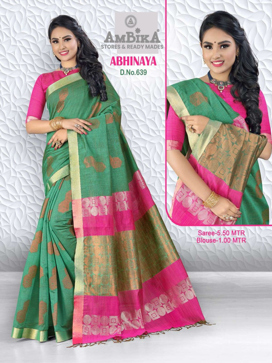 ABHINAYA SILK COTTON Saree with Zari Butta with Blouse Piece for Womens