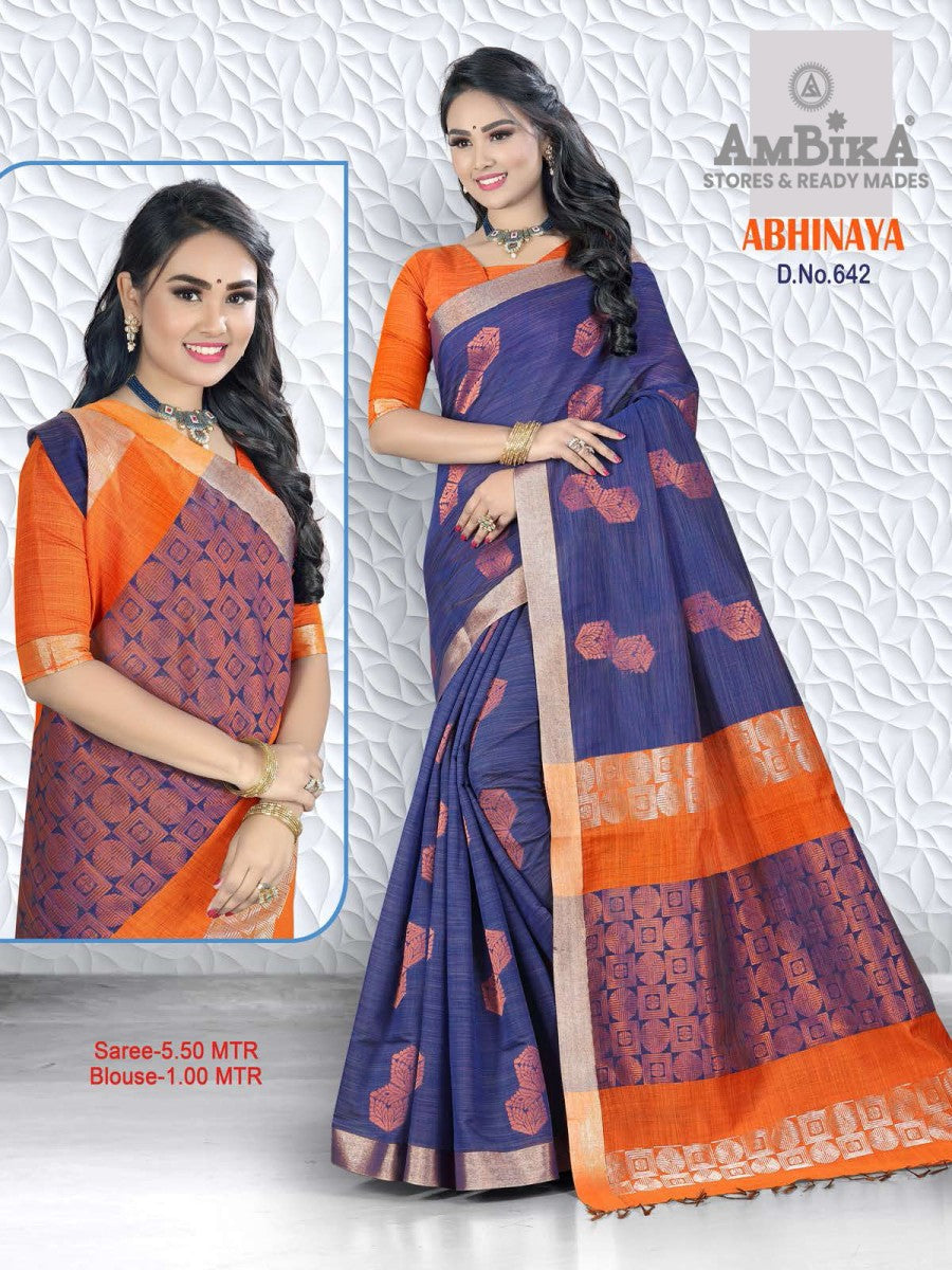 ABHINAYA SILK COTTON Saree with Zari Butta with Blouse Piece for Womens