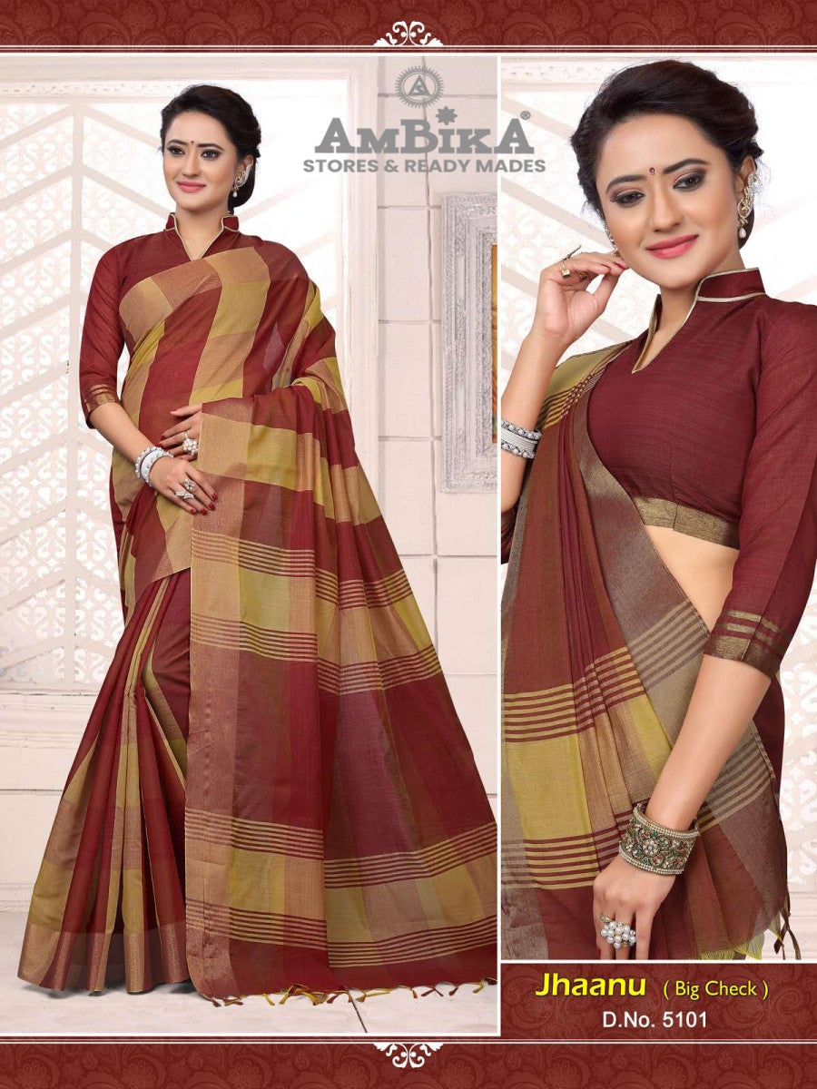 JHAANU SILK COTTON SAREE Checked with Blouse Piece for Womens