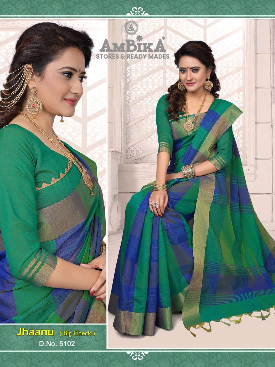 JHAANU SILK COTTON SAREE Checked with Blouse Piece for Womens