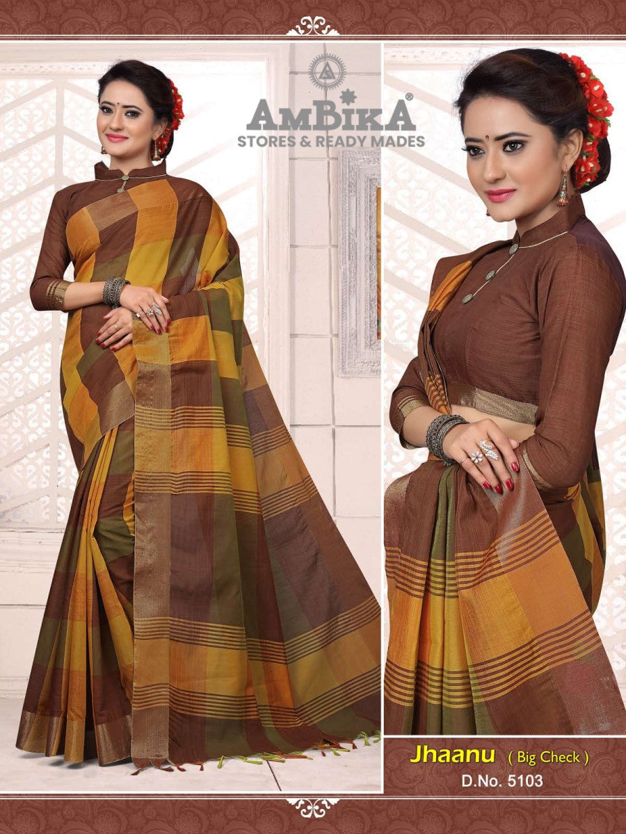 JHAANU SILK COTTON SAREE Checked with Blouse Piece for Womens