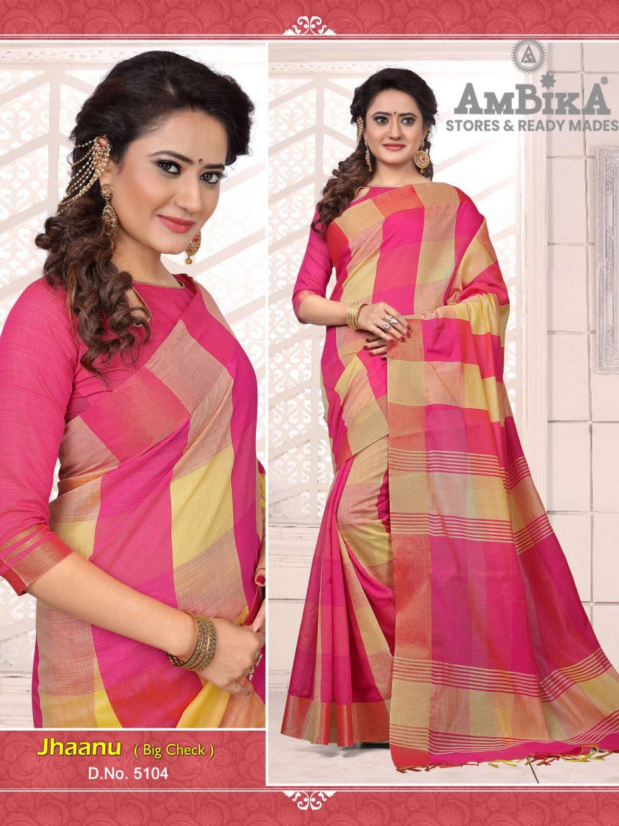 JHAANU SILK COTTON SAREE Checked with Blouse Piece for Womens