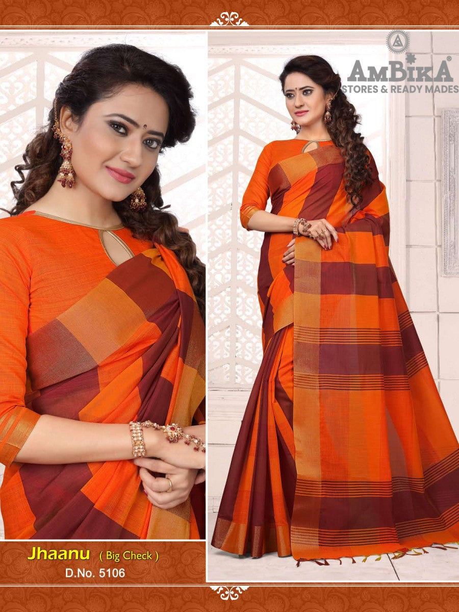 JHAANU SILK COTTON SAREE Checked with Blouse Piece for Womens