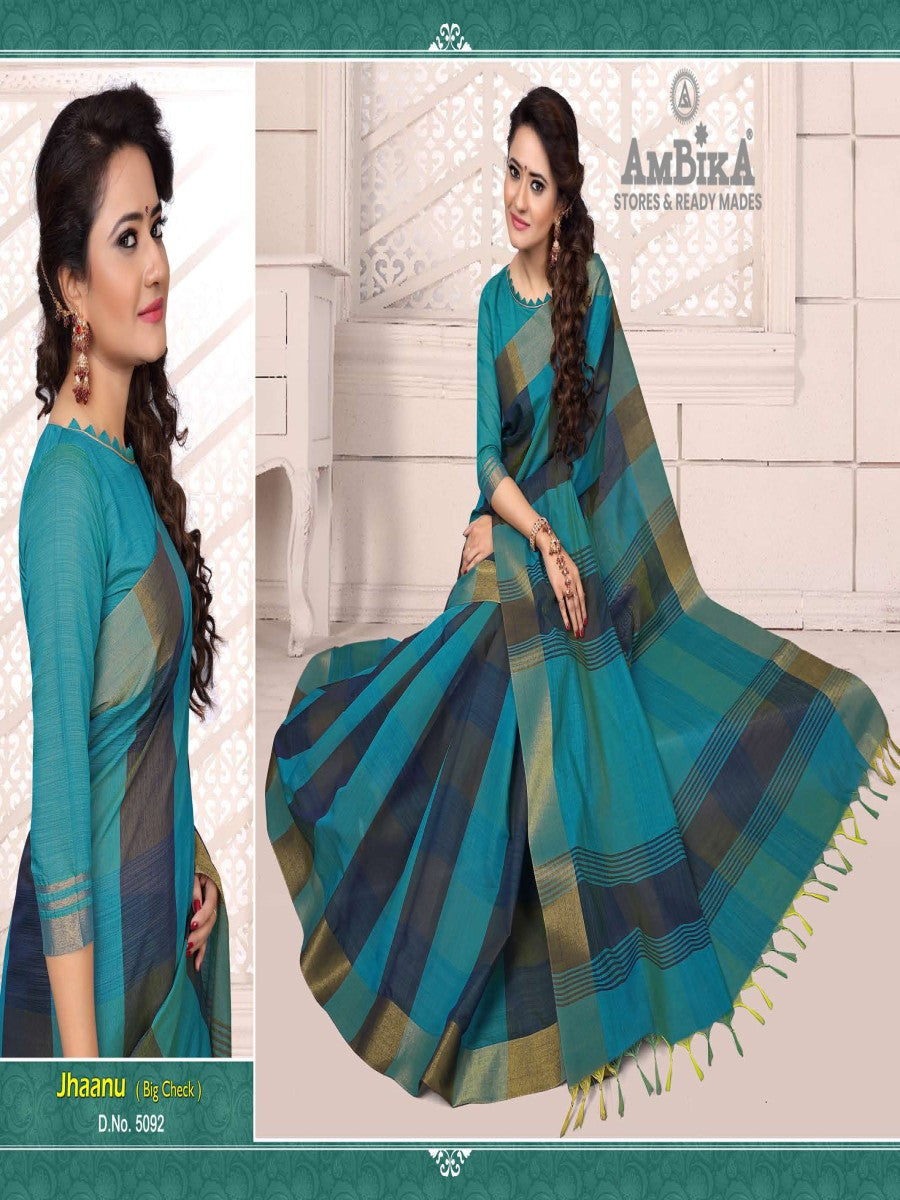 JHAANU SILK COTTON SAREE Checked with Blouse Piece for Womens